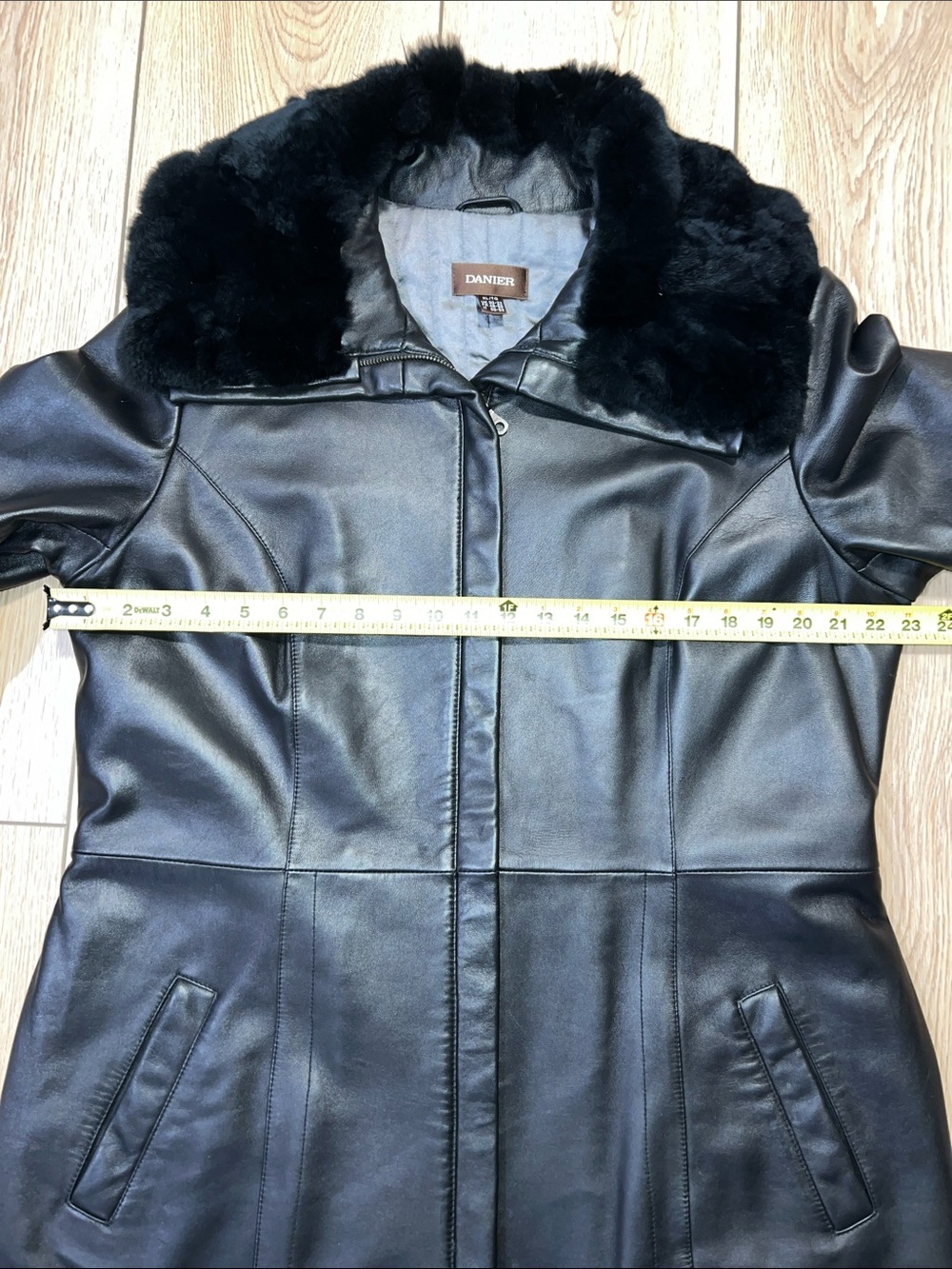 Danier Black Leather Coat with Plush Rabbit Fur Collar - Picture 14 of 15
